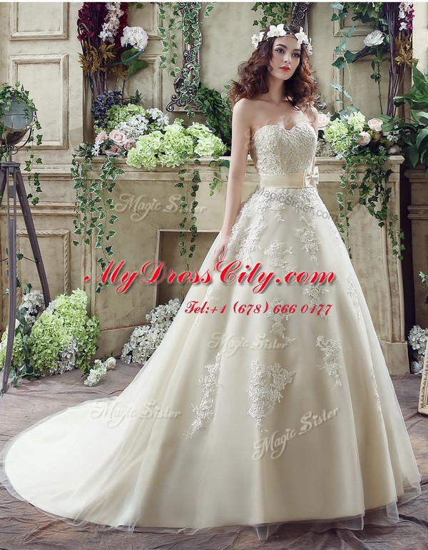 Discount A-line Sleeveless Champagne Wedding Dresses Court Train Lace Up