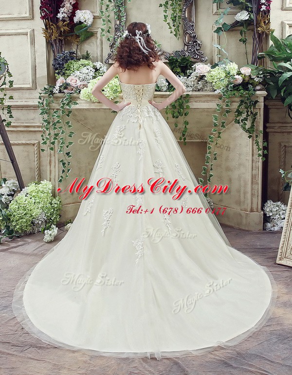 Discount A-line Sleeveless Champagne Wedding Dresses Court Train Lace Up