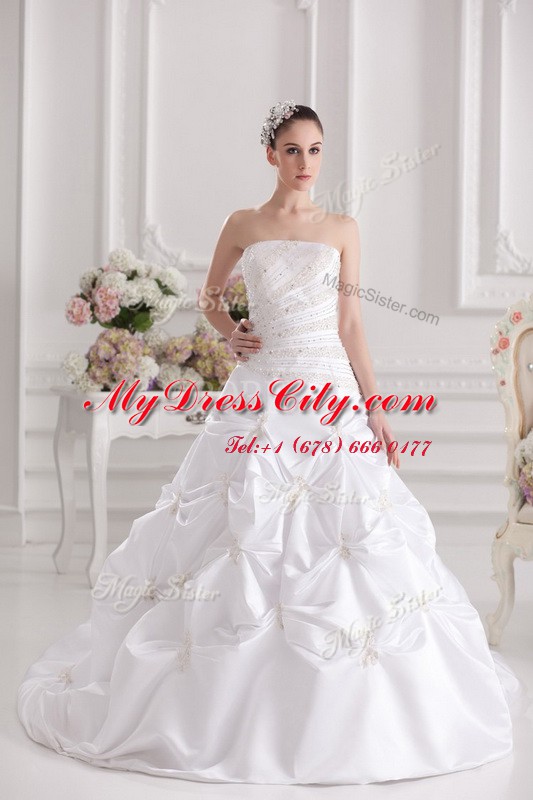 White Zipper Wedding Gowns Beading and Ruching and Pick Ups Sleeveless Brush Train