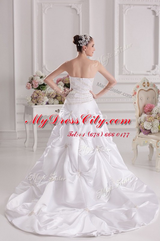 White Zipper Wedding Gowns Beading and Ruching and Pick Ups Sleeveless Brush Train