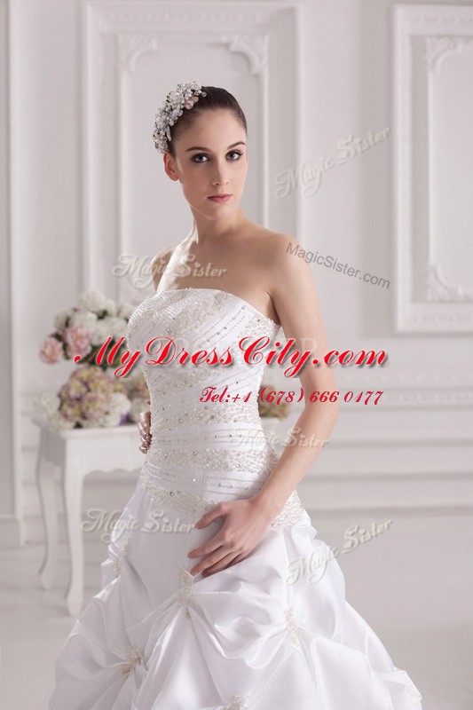 White Zipper Wedding Gowns Beading and Ruching and Pick Ups Sleeveless Brush Train