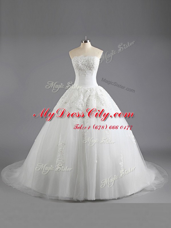 Luxurious White A-line Strapless Sleeveless Tulle With Train Court Train Lace Up Beading and Appliques Wedding Gown