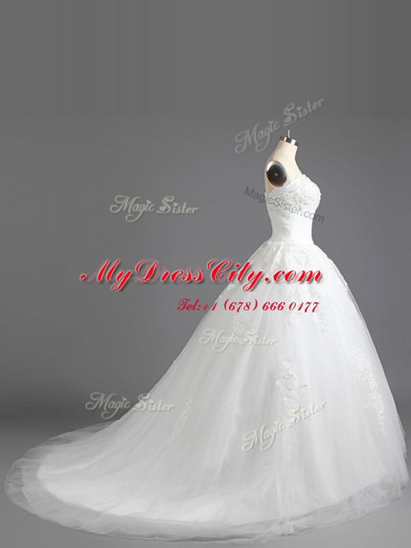 Luxurious White A-line Strapless Sleeveless Tulle With Train Court Train Lace Up Beading and Appliques Wedding Gown