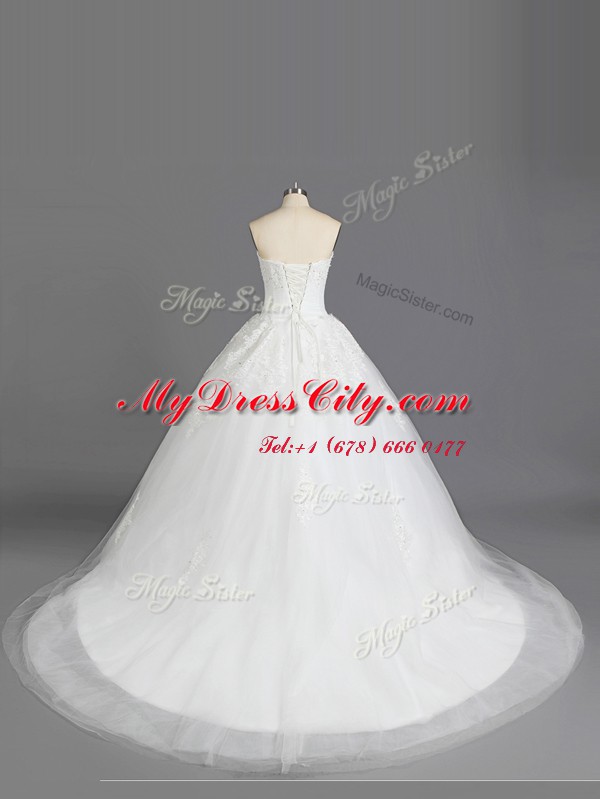 Luxurious White A-line Strapless Sleeveless Tulle With Train Court Train Lace Up Beading and Appliques Wedding Gown