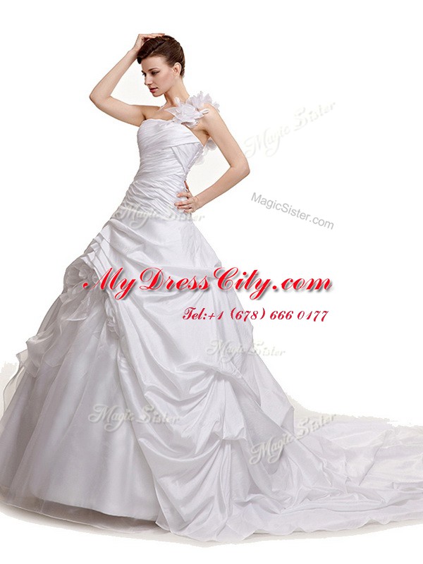 Spectacular White One Shoulder Lace Up Ruching and Pick Ups Wedding Dress Court Train Sleeveless