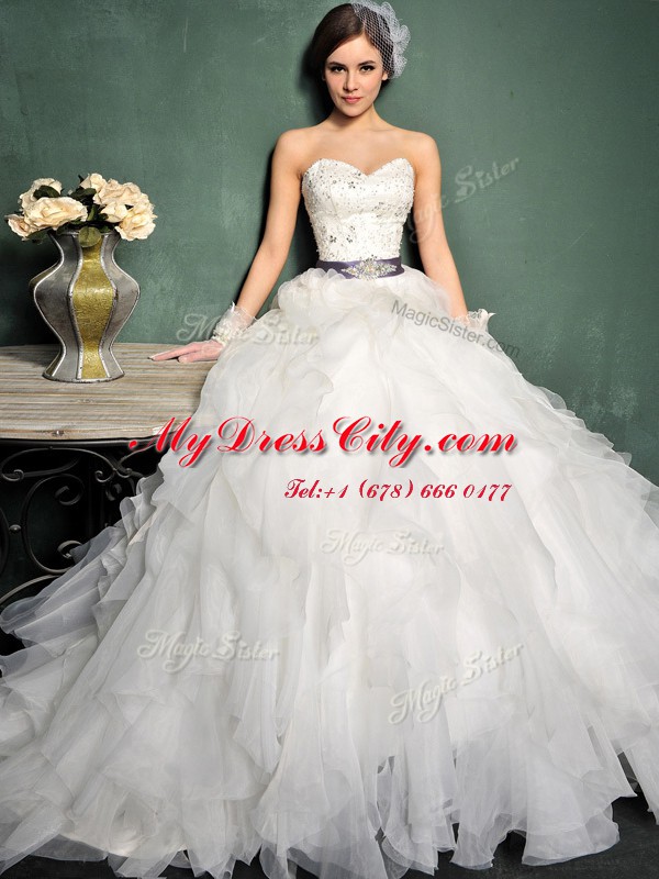 Organza Sweetheart Sleeveless Brush Train Lace Up Beading and Ruffles and Belt Wedding Dresses in White