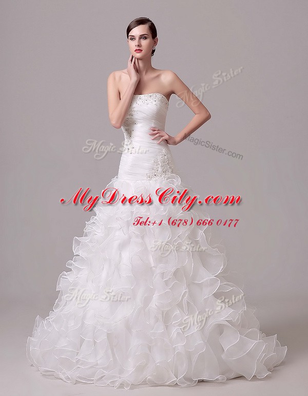 Strapless Sleeveless Organza Bridal Gown Beading and Appliques and Ruffles and Ruching Court Train Lace Up