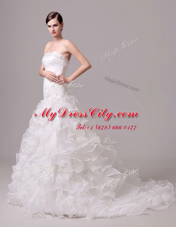 Strapless Sleeveless Organza Bridal Gown Beading and Appliques and Ruffles and Ruching Court Train Lace Up