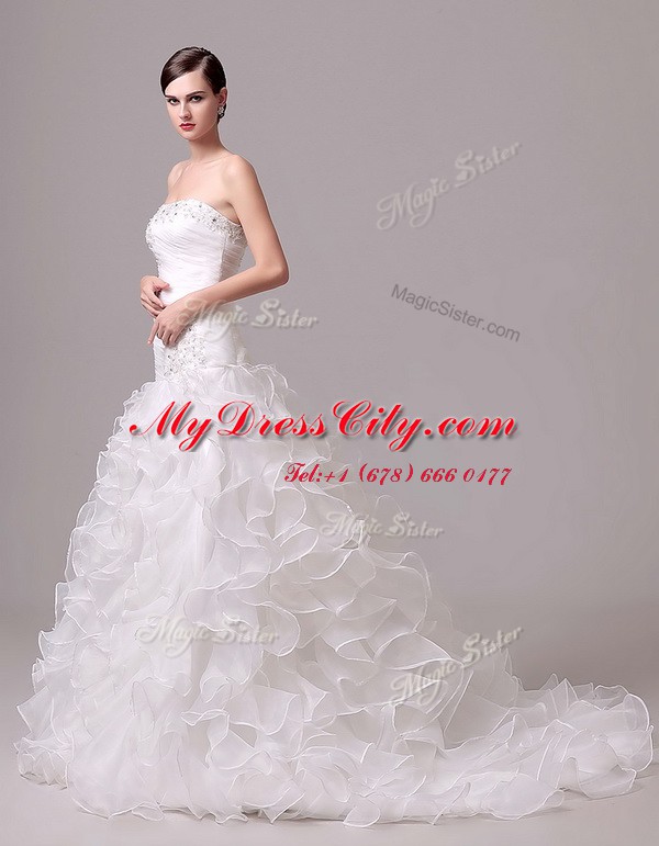 Strapless Sleeveless Organza Bridal Gown Beading and Appliques and Ruffles and Ruching Court Train Lace Up