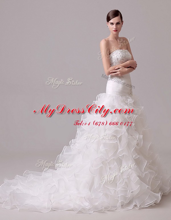 Strapless Sleeveless Organza Bridal Gown Beading and Appliques and Ruffles and Ruching Court Train Lace Up