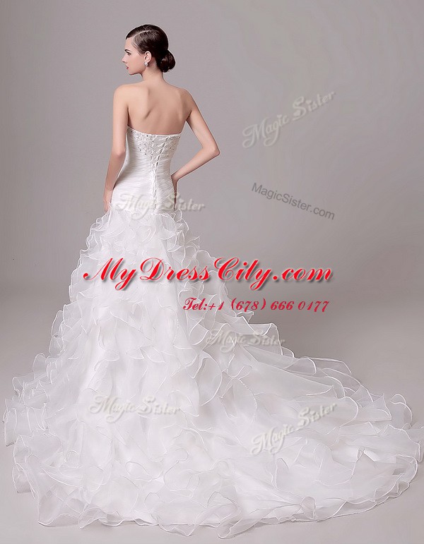 Strapless Sleeveless Organza Bridal Gown Beading and Appliques and Ruffles and Ruching Court Train Lace Up