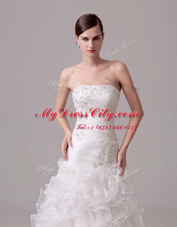 Strapless Sleeveless Organza Bridal Gown Beading and Appliques and Ruffles and Ruching Court Train Lace Up