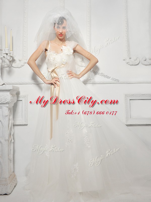 Lovely White Spaghetti Straps Lace Up Lace and Appliques and Belt and Hand Made Flower Wedding Gowns Sleeveless