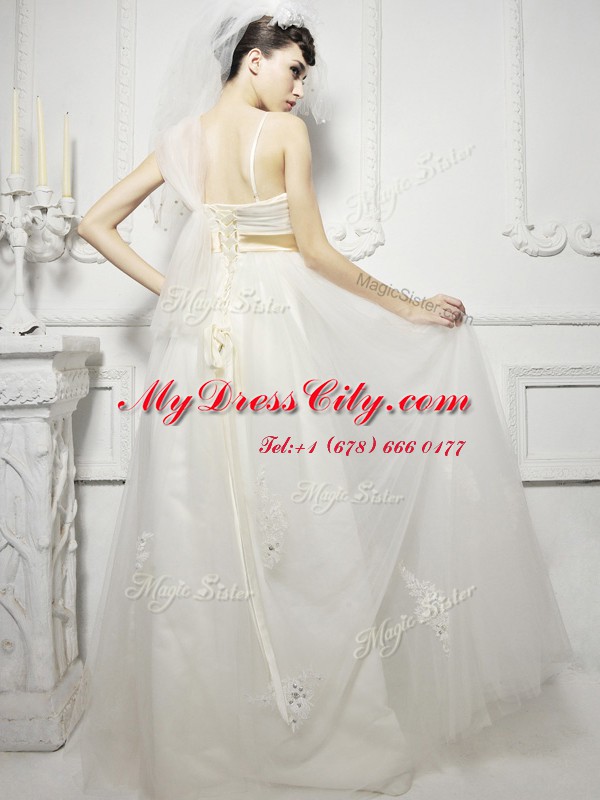 Lovely White Spaghetti Straps Lace Up Lace and Appliques and Belt and Hand Made Flower Wedding Gowns Sleeveless