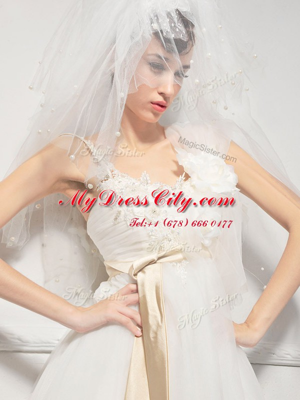 Lovely White Spaghetti Straps Lace Up Lace and Appliques and Belt and Hand Made Flower Wedding Gowns Sleeveless