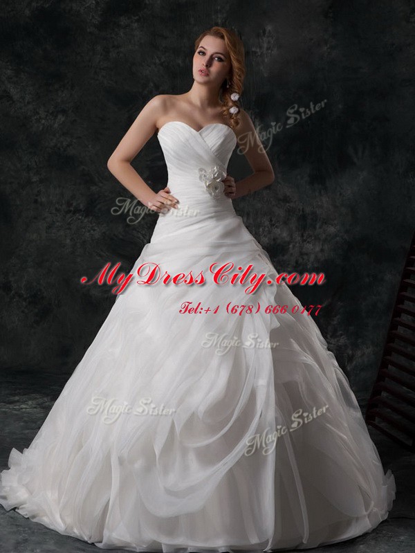 Great White A-line Organza V-neck Sleeveless Ruffled Layers and Hand Made Flower Lace Up Wedding Gowns Brush Train