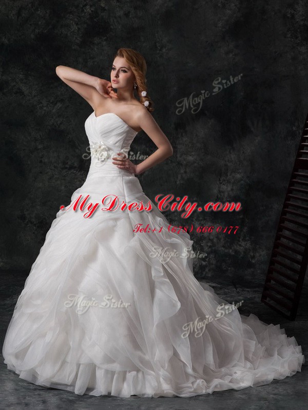 Great White A-line Organza V-neck Sleeveless Ruffled Layers and Hand Made Flower Lace Up Wedding Gowns Brush Train