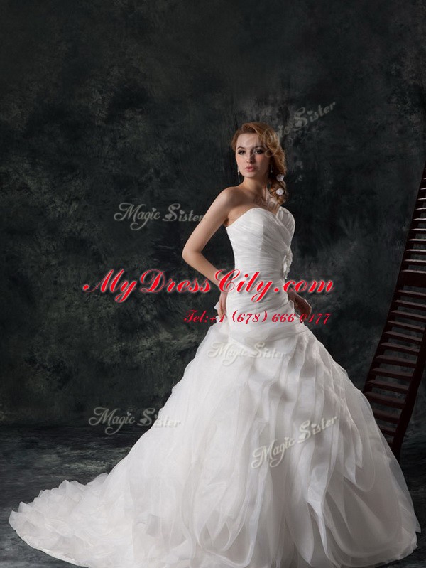 Great White A-line Organza V-neck Sleeveless Ruffled Layers and Hand Made Flower Lace Up Wedding Gowns Brush Train