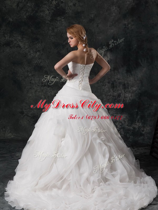 Great White A-line Organza V-neck Sleeveless Ruffled Layers and Hand Made Flower Lace Up Wedding Gowns Brush Train