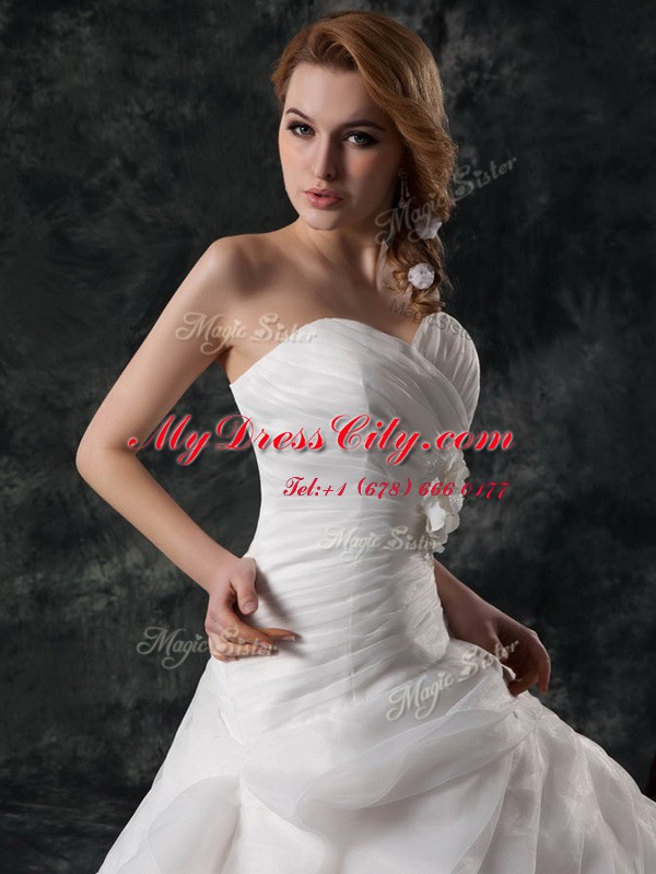 Great White A-line Organza V-neck Sleeveless Ruffled Layers and Hand Made Flower Lace Up Wedding Gowns Brush Train