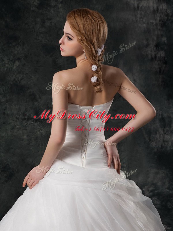 Great White A-line Organza V-neck Sleeveless Ruffled Layers and Hand Made Flower Lace Up Wedding Gowns Brush Train