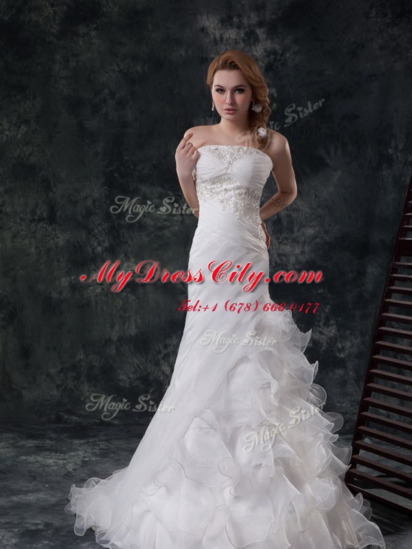 Fantastic White A-line Strapless Sleeveless Organza Brush Train Lace Up Beading and Appliques and Ruching Wedding Gown