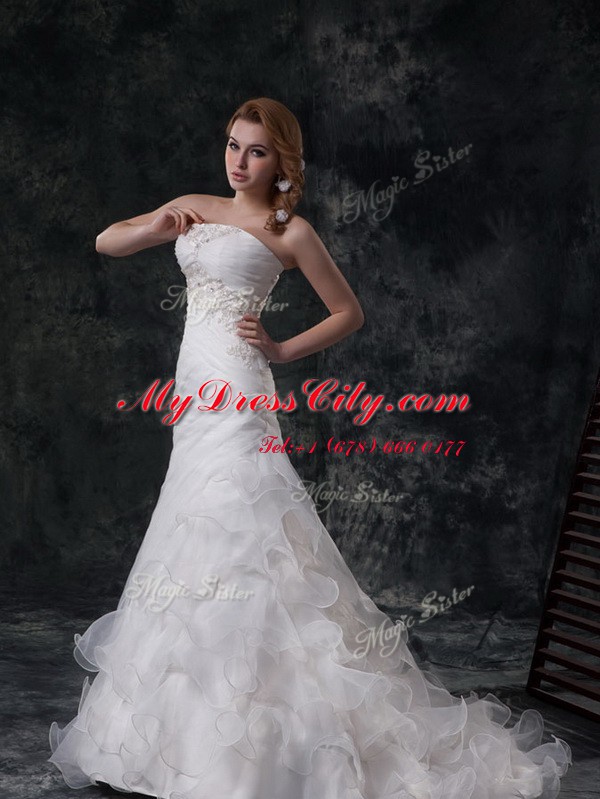 Fantastic White A-line Strapless Sleeveless Organza Brush Train Lace Up Beading and Appliques and Ruching Wedding Gown