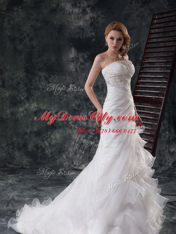 Fantastic White A-line Strapless Sleeveless Organza Brush Train Lace Up Beading and Appliques and Ruching Wedding Gown