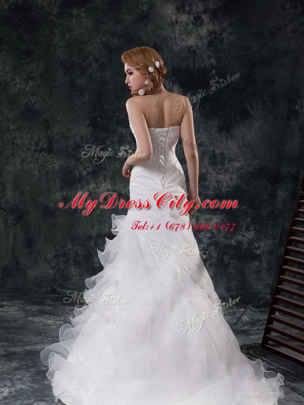 Fantastic White A-line Strapless Sleeveless Organza Brush Train Lace Up Beading and Appliques and Ruching Wedding Gown