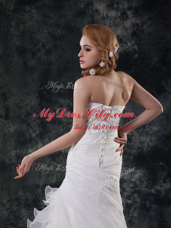 Fantastic White A-line Strapless Sleeveless Organza Brush Train Lace Up Beading and Appliques and Ruching Wedding Gown