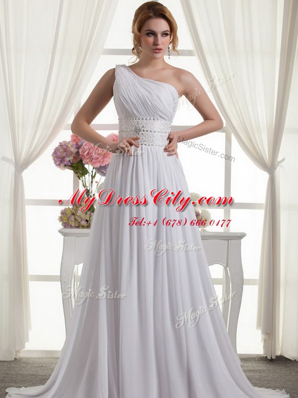 Elegant One Shoulder Lace Up Bridal Gown White for Wedding Party with Beading and Ruching Brush Train