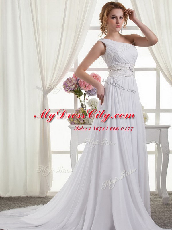 Elegant One Shoulder Lace Up Bridal Gown White for Wedding Party with Beading and Ruching Brush Train