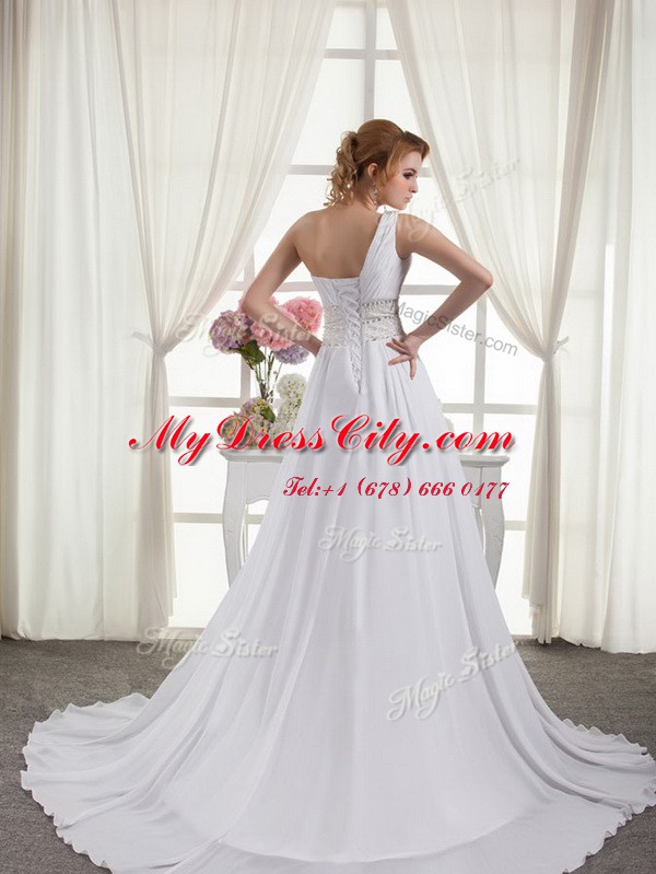 Elegant One Shoulder Lace Up Bridal Gown White for Wedding Party with Beading and Ruching Brush Train