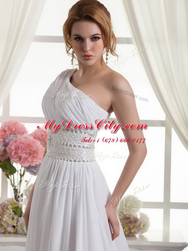 Elegant One Shoulder Lace Up Bridal Gown White for Wedding Party with Beading and Ruching Brush Train