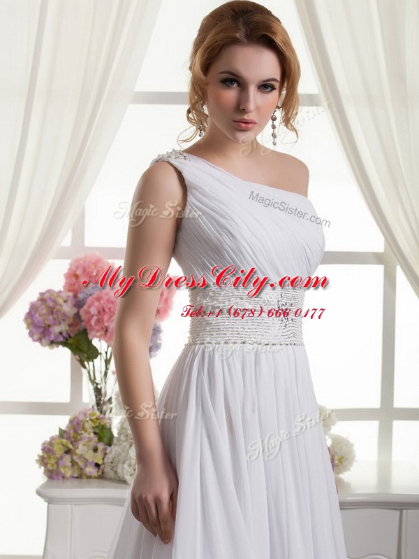 Elegant One Shoulder Lace Up Bridal Gown White for Wedding Party with Beading and Ruching Brush Train