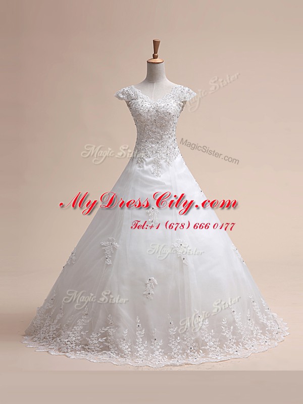 White Tulle Lace Up Wedding Dresses Sleeveless With Train Court Train Beading and Appliques and Bowknot