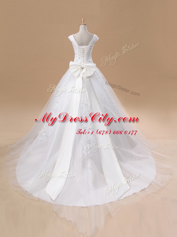 White Tulle Lace Up Wedding Dresses Sleeveless With Train Court Train Beading and Appliques and Bowknot