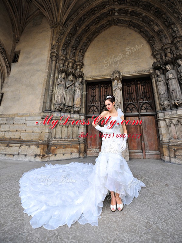 Sexy White Mermaid Organza One Shoulder Sleeveless Lace Lace Up Wedding Gown Cathedral Train