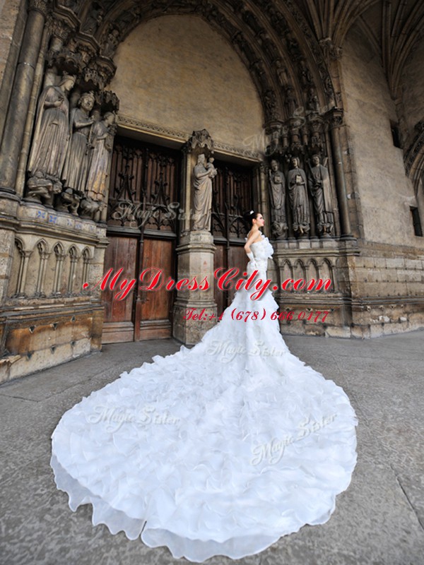 Sexy White Mermaid Organza One Shoulder Sleeveless Lace Lace Up Wedding Gown Cathedral Train