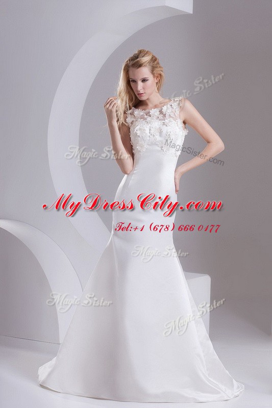 Scoop Sleeveless Wedding Dresses Sweep Train Lace White Taffeta