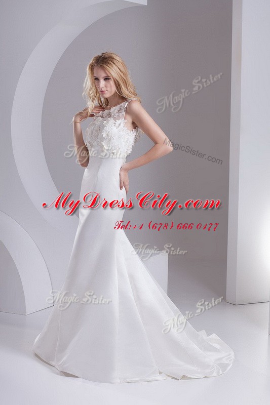 Scoop Sleeveless Wedding Dresses Sweep Train Lace White Taffeta