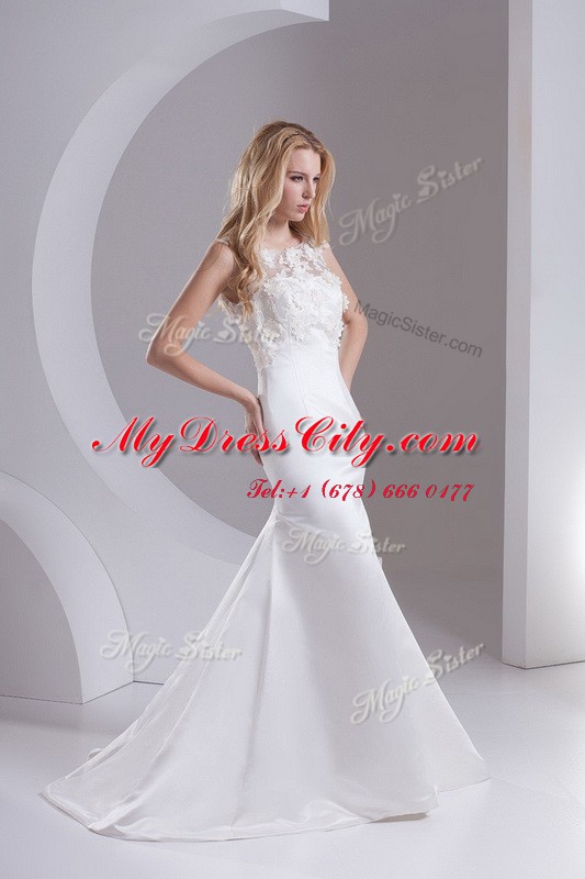 Scoop Sleeveless Wedding Dresses Sweep Train Lace White Taffeta