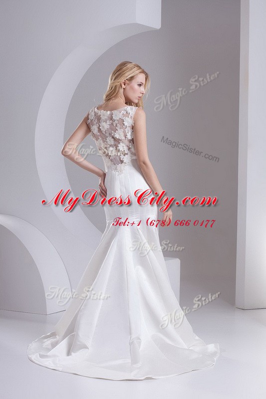 Scoop Sleeveless Wedding Dresses Sweep Train Lace White Taffeta