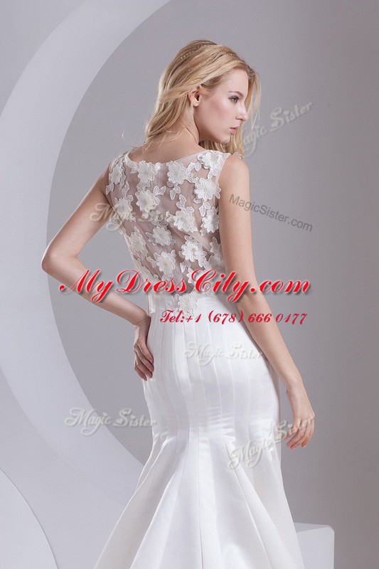 Scoop Sleeveless Wedding Dresses Sweep Train Lace White Taffeta