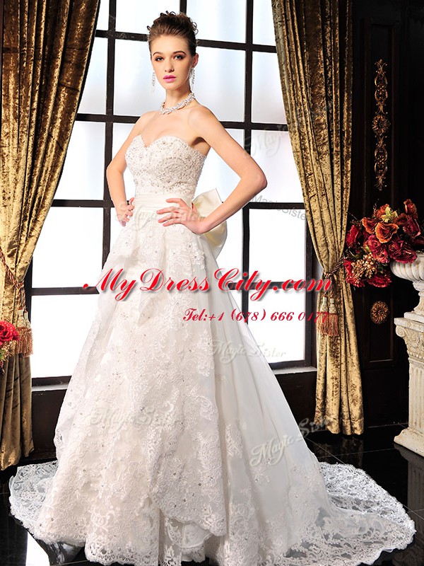 Modern White Lace Up Wedding Gown Beading and Lace and Bowknot Sleeveless Brush Train