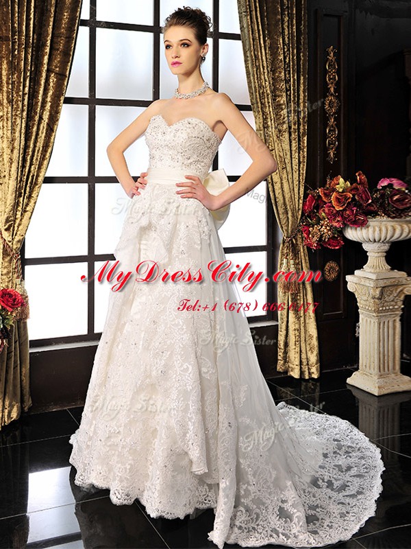 Modern White Lace Up Wedding Gown Beading and Lace and Bowknot Sleeveless Brush Train