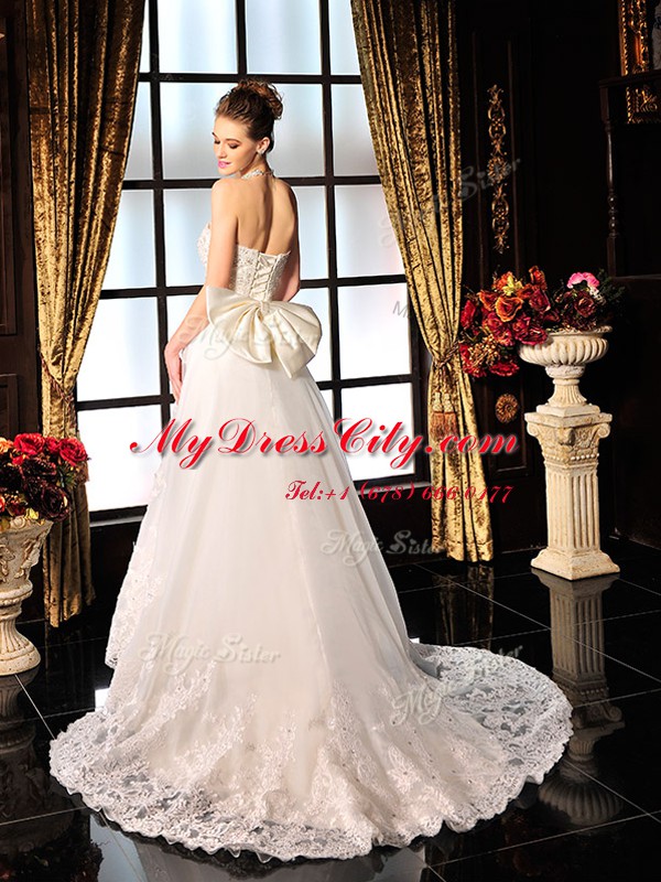 Modern White Lace Up Wedding Gown Beading and Lace and Bowknot Sleeveless Brush Train