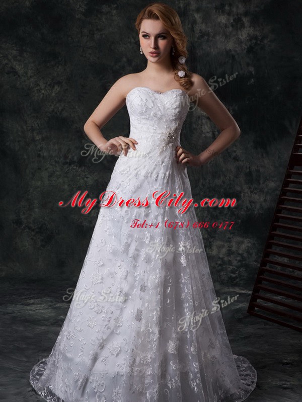 Super Lace Sleeveless Wedding Gowns Sweep Train and Beading and Lace