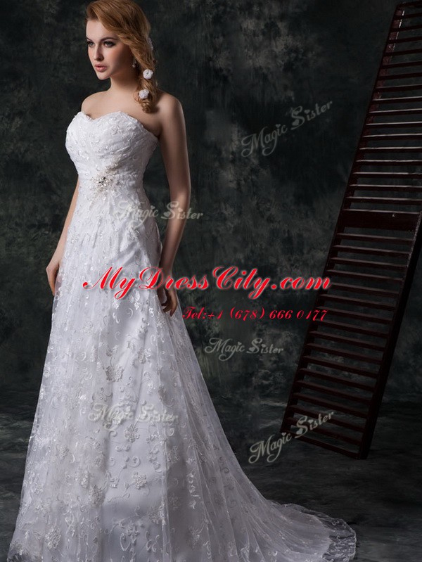 Super Lace Sleeveless Wedding Gowns Sweep Train and Beading and Lace