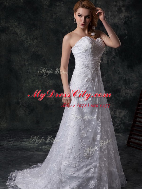 Super Lace Sleeveless Wedding Gowns Sweep Train and Beading and Lace